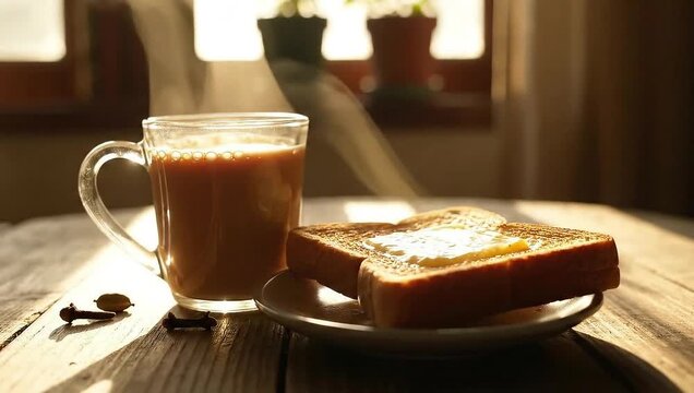 Morning Delight: A comforting mug of steaming tea and buttered toast sits on a wooden table, bathed in warm morning sunlight, evoking a sense of peace and simple pleasure.