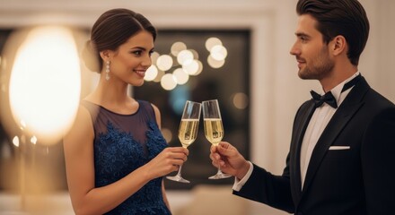 Elegant couple celebrating with champagne in formal wear at a sophisticated party or wedding reception setting indoors