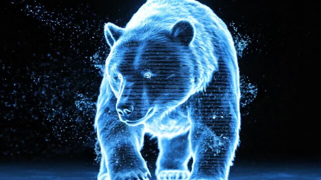 Holographic Bear Animation &ndash; Realistic Natural movement with Clean Black Background, High Detail Futuristic