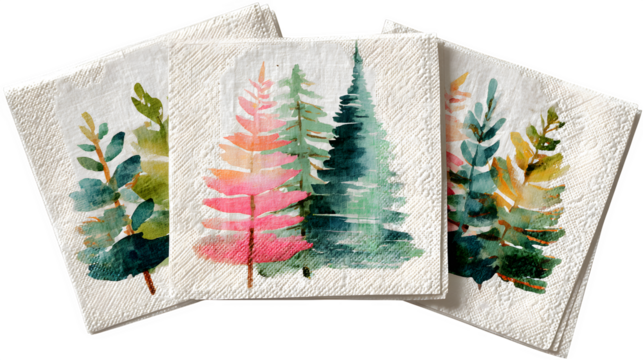 Set of holiday cocktail napkins with abstract watercolor Christmas trees, isolated on white background