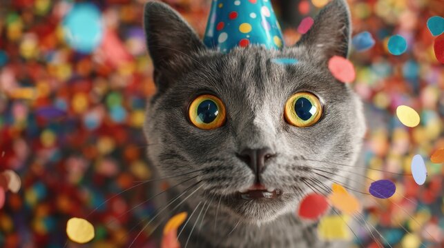 A gray cat wears a festive party hat looking surprised as colorful confetti falls around it. This cheerful scene captures a fun birthday celebration for pets with vibrant decorations.