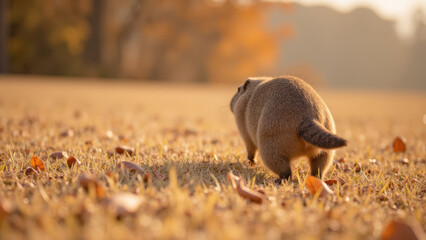 Obraz premium Small animal walks through grassy field covered with autumn leaves, surrounded by warm, golden light. scene evokes sense of tranquility and nature