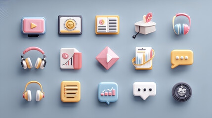 Education 3d icon set. containing computer, certificate, headset, video, chat, graph, download, list, conversation. Stock Illustration