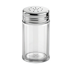 Clear glass salt and pepper shaker with silver metal top on transparent background