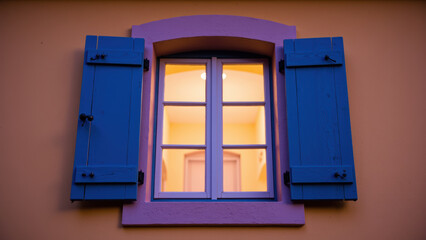 Obraz premium Vibrant window with blue shutters, framed against warm yellow wall, creates cozy and inviting atmosphere