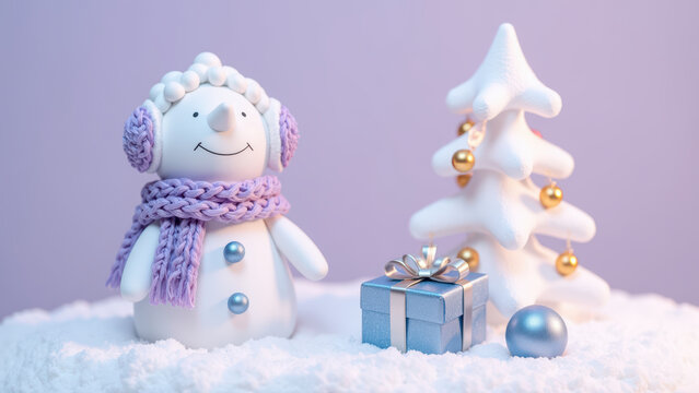 Cheerful snowman with purple scarf and earmuffs stands beside white Christmas tree adorned with golden ornaments and blue gift box