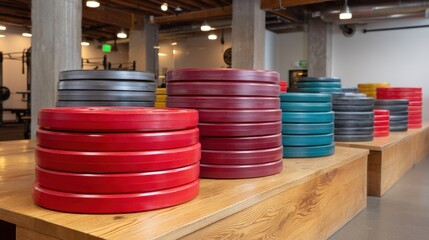 Colorful weight plates stacked in modern gym setting showcasing vibrant hues and organized arrangement for fitness enthusiasts and gym equipment lovers