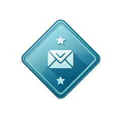 Glowing blue diamond envelope icon with stars on transparent background