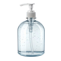Clear hand sanitizer bottle with white pump dispenser on transparent background
