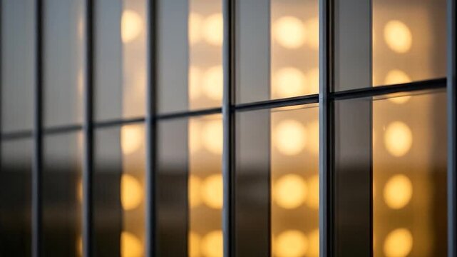 Modern building exterior glass window frames with warm bokeh lights