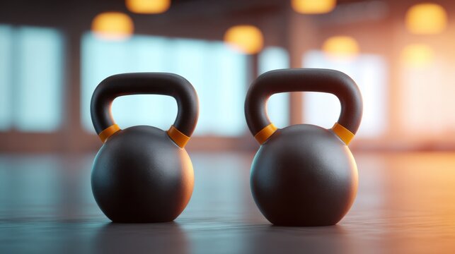 Two Kettlebells in a Modern Gym Setting, Emphasizing Fitness and Strength Training Equipment for Home and Commercial Use