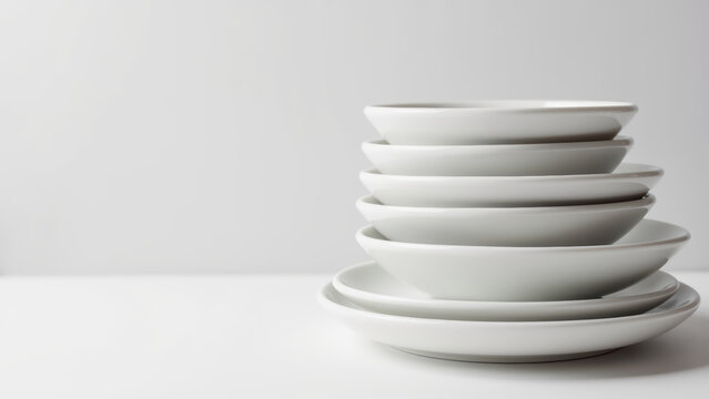 Stacked white plates create minimalist and elegant display, perfect for modern dining settings