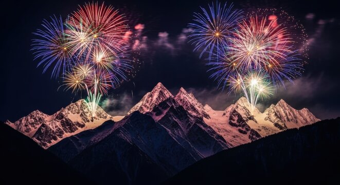 Fireworks illuminate snowy mountain peaks against a dark night sky celebration scene - Powered by Adobe