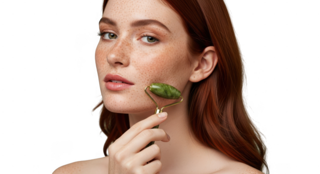 Closeup portrait of a woman with red hair holding a green leaf near her face, isolated on transparent background