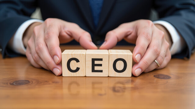 Professional hands holding wooden blocks with letters CEO on wooden desk, symbolizing leadership and business success - Powered by Adobe