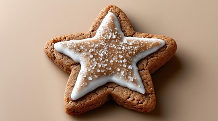 Delicious star-shaped cookie with icing and sugar on a neutral background