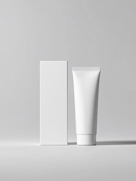 白いチューブ容器と外箱のミニマルなコスメモックアップ｜スキンケア・化粧品パッケージデザイン向けシンプルプロダクト背景
Minimal cosmetic tube and box mockup on clean white background for skincare and packaging design