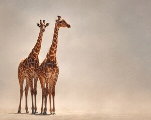 Elegant giraffes in the savannah, gazing into the distance with gentle light casting subtle shadows