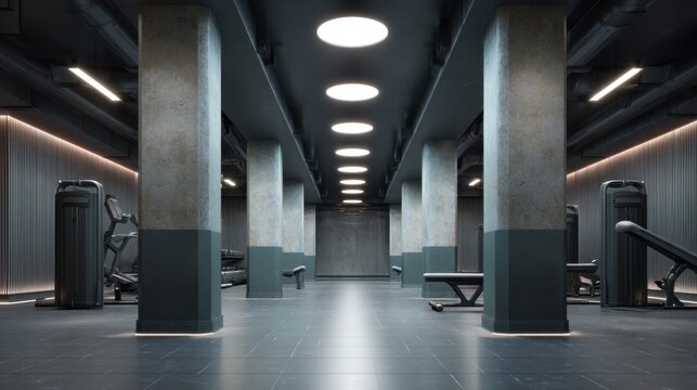 Modern gym interior showcasing sleek design with workout equipment, bright circular ceiling lights, and concrete pillars for fitness enthusiasts and health trends