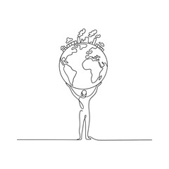 Humanity holding up the world in a continuous line drawing