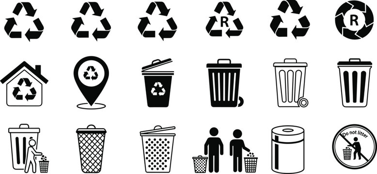 Recycling icons, waste management, trash bin, eco symbol, environmental design, black vector, sustainability graphic, litter warning, clean planet, green action