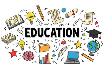 Education tools: books, laptop, graduation cap, globe, and more