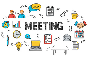 Colorful office meeting icons with people, charts, and coffee