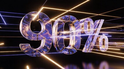 Dynamic 90 Discount Promotion with Futuristic Neon Light Trails and Reflective Glass Text on a Dark Background Ideal for Sales and Special Offers.
