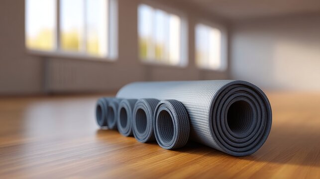 Folded yoga mats arranged in a serene studio with wooden floor and bright windows illuminating the peaceful interior environment