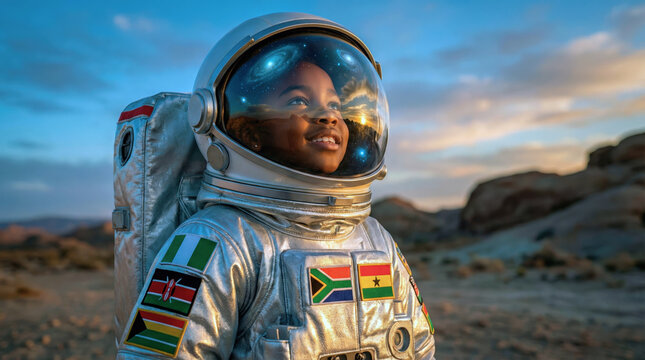Smiling child astronaut with african flag patches gazing at the galaxy, symbolizing afro futurism and future stem education during black history month