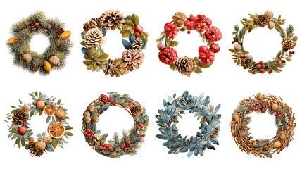 Assortment of Eight Rustic Christmas Wreaths with Natural Elements isolated on white background