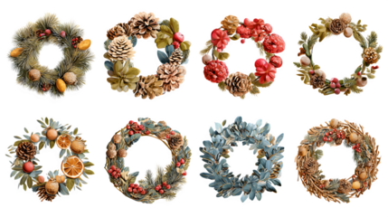 Assortment of Eight Rustic Christmas Wreaths with Natural Elements isolated on white background