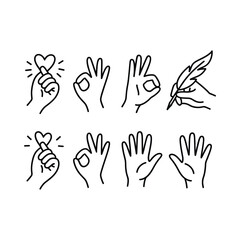 Hand gestures doodle collection with heart sign and okay symbol