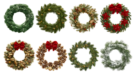 Assortment of Eight Festive Christmas Wreaths in Diverse Styles  isolated on white background