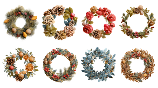 Assortment of Eight Rustic Christmas Wreaths with Natural Elements isolated on white background - Powered by Adobe