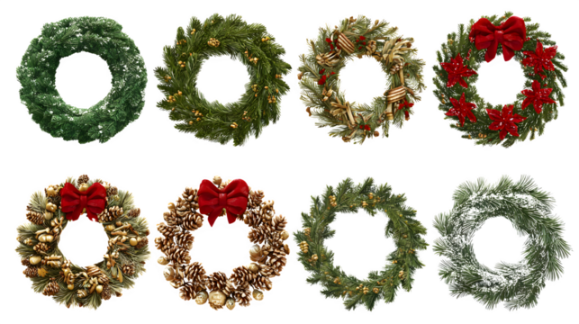 Assortment of Eight Festive Christmas Wreaths in Diverse Styles  isolated on white background