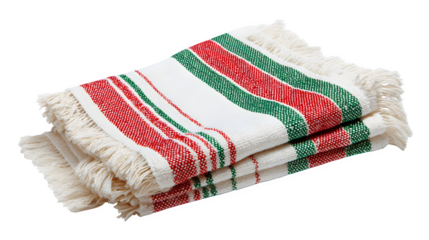 Handwoven cotton napkin with fringe edges and red/green stripe pattern, isolated on white background