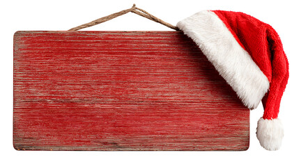 Rustic Red Wooden Sign Adorned with a Santa Hat  isolated on white background