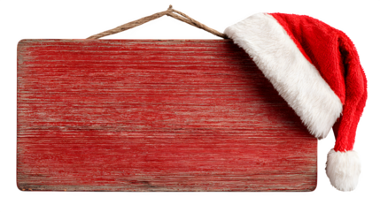 Rustic Red Wooden Sign Adorned with a Santa Hat  isolated on white background