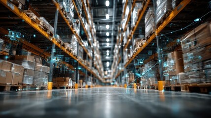 Futuristic smart warehouse with ai logistics digital overlay. automated inventory management and supply chain technology solution.