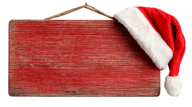 Rustic Red Wooden Sign Adorned with a Santa Hat  isolated on white background