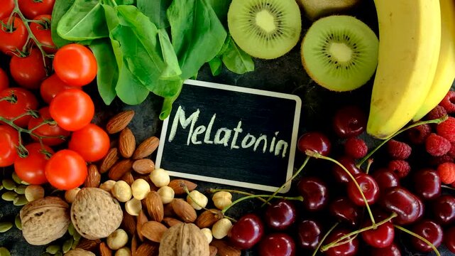 Foods containing melatonin on a beautiful background. Selective focus.