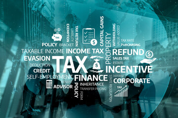 This image showcases essential financial terms related to taxation and investment, set against a...