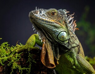 Obraz premium A close-up portrait of a vibrant green reptile with a spiky dorsal crest, perched on mossy wood. The iguana gazes intently