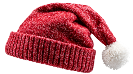 Real photo of a red Christmas Santa Claus hat with a white pompom, Santa hat isolated on white background