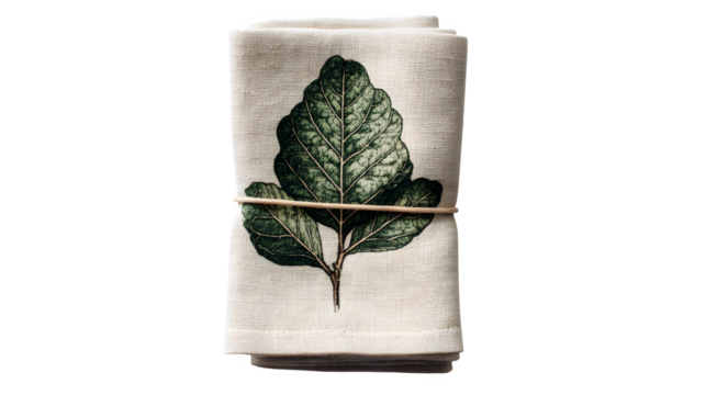 Organic cotton napkin with natural dye holly leaf print, isolated on white background
