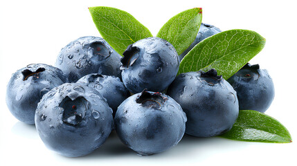 Fresh blueberries with green leaves isolated on white background