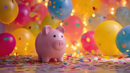 A playful piggy bank stands among vibrant balloons and colorful confetti in a lively celebration setting. The atmosphere is joyful and full of excitement.