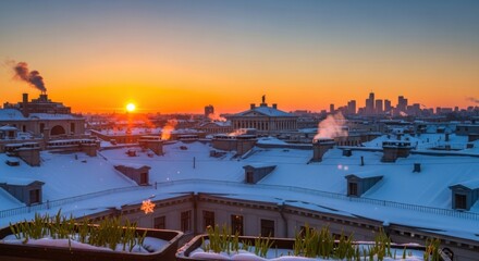Winter cityscape at sunrise with snow covered rooftops and distant skyline view