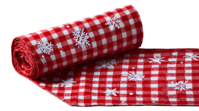 Red gingham table runner with hand-painted white snowflakes, isolated on white background